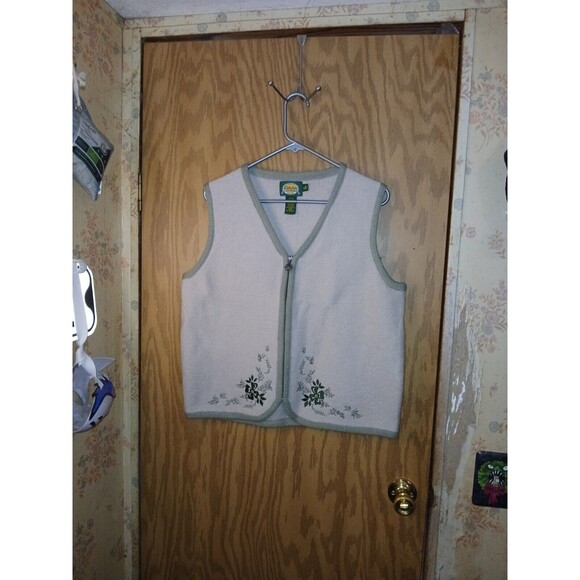 Cabela's Zip Up Vest 100% Wool Beige Floral Embroidery Women Size Medium Vintage - Picture 1 of 16